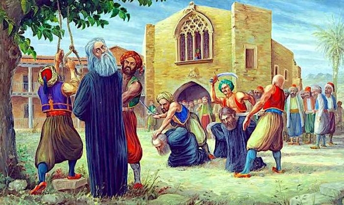 Ο απαγχονισμός του Αρχιεπ. Κυπριανού και των Μητρ. Πάφου Χρύσανθου, Κιτίου Μελέτιου και Κυρηνείας Λαυρεντίου, έργο Γ. Μαυρογένη